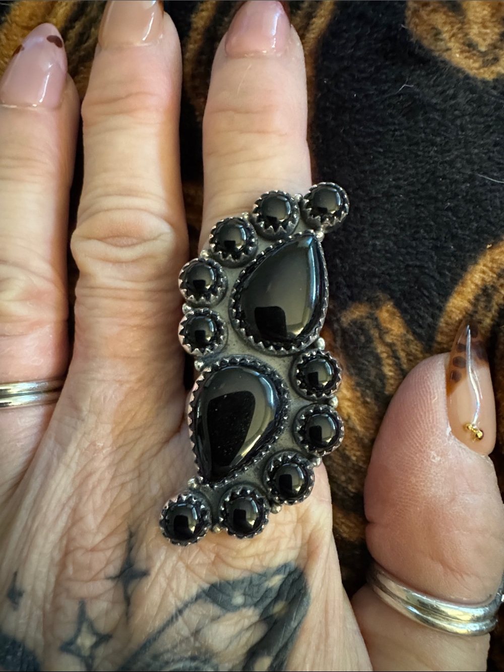 Black Teardrop Cocktail Ring for Women - Statement Silver-Tone Jewelry
